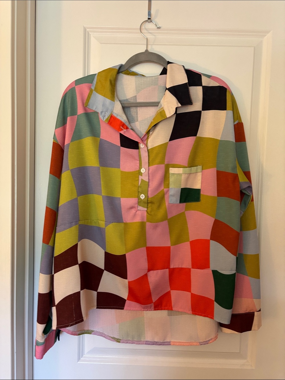 Colorblock Checkered Button-Front Blouse in Pastel & Jewel Tone